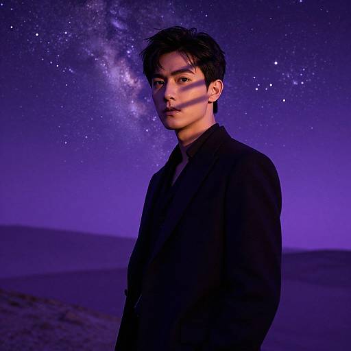 Photograph of a young Asian man with short, messy black hair, wearing a black jacket, standing under a starry night sky with the Milky Way
