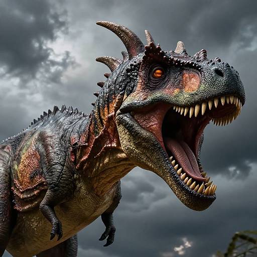 Photorealistic CGI of a roaring, textured, multicolored dinosaur with sharp teeth, dark scales, and orange eyes against a stormy sky.