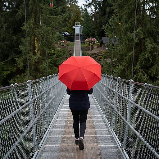 Woman with Red Umbrella on Lynn Canyon Bridge