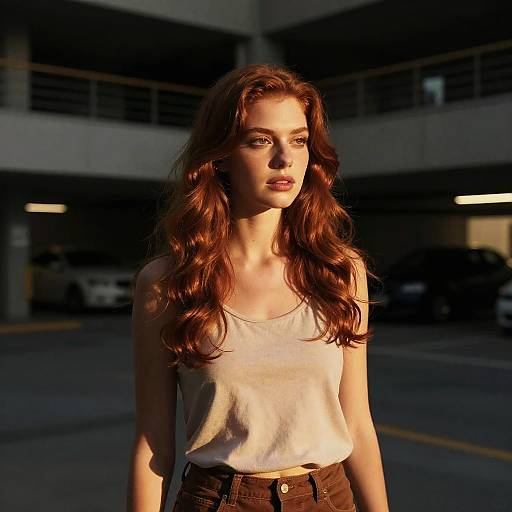 Photograph of a young woman with long, wavy auburn hair, wearing a white tank top and brown high-waisted pants, standing