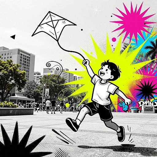 Colorful digital illustration of a boy running with a kite in a city plaza, featuring bold splashes of yellow, pink, and blue. Urban buildings