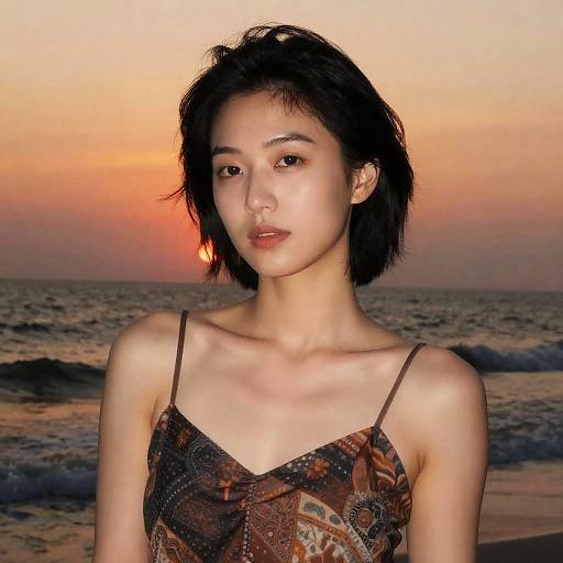 Asian Woman Against Orange Sunset