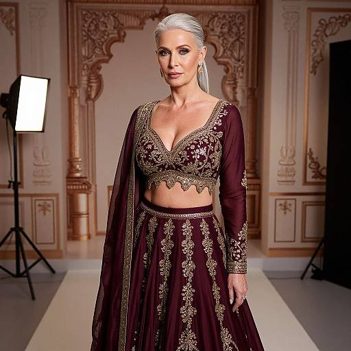 Photograph of a silver-haired woman in a black, gold-embroidered traditional Indian outfit, standing in an ornate, classical room with a