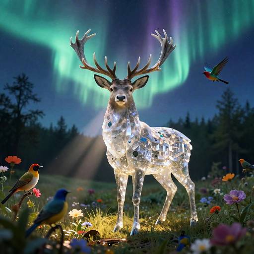 Crystal Stag Under Aurora Borealis