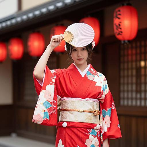 Photograph of a young Asian woman in a red floral kimono, holding a white paper fan, standing in front of traditional Japanese lanterns.