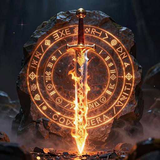Mystical Flame-Bladed Sword in Stone
