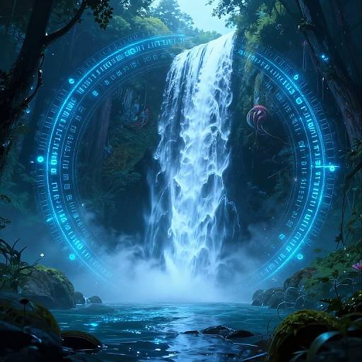 Digital artwork of a glowing blue waterfall surrounded by a mystical, luminous circular symbol in a dense, moonlit forest.