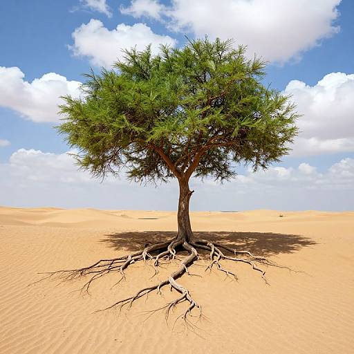 Photorealistic digital image of a solitary, leafy tree with exposed roots standing in a vast, sandy desert under a bright blue sky with fluffy white