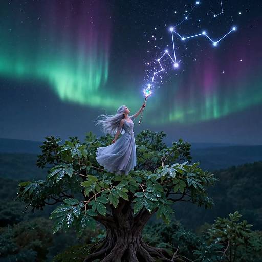 Digital artwork of a fairy-like woman in a flowing white dress, standing on a tree, conjuring constellations with a glowing wand under vibrant green