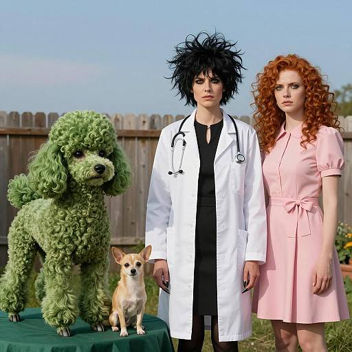 Women with wild hairstyles and unique pets outdoors