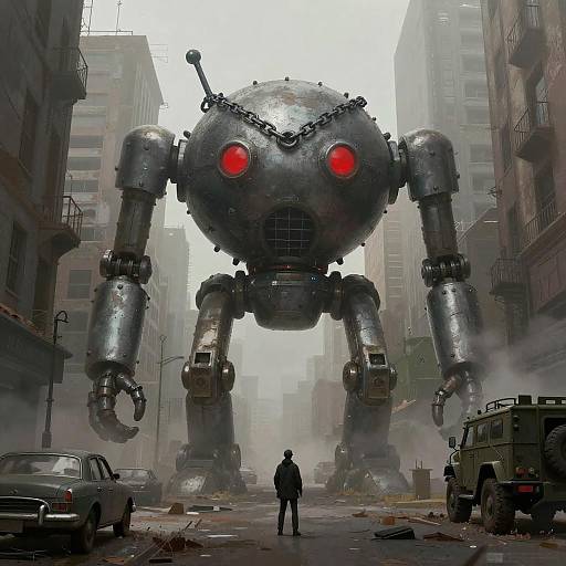 Gritty Robot Guardian in Dystopia
