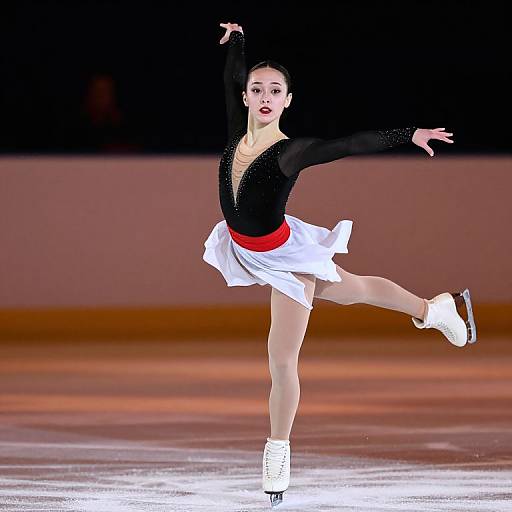 Photograph of an elegant female figure skater in a black top, white skirt with red belt, white tights, and skates, performing a