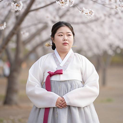 Photograph of an Asian woman with black hair, wearing a traditional white and gray Korean hanbok with a red ribbon, standing in a cherry blossom