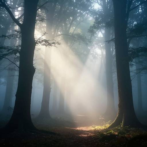 Photograph of a misty forest with sunbeams piercing through tall trees, creating a ethereal, glowing light effect on the forest floor.