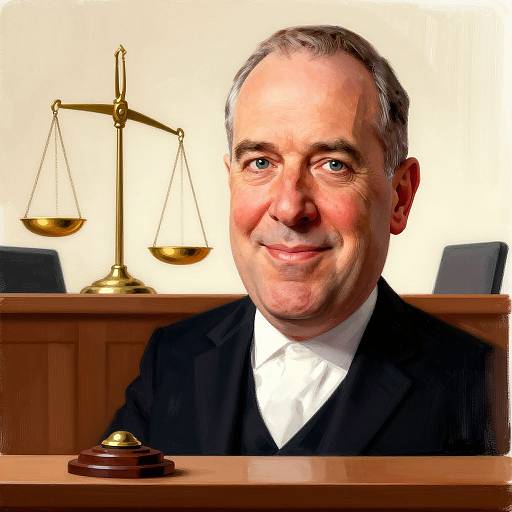 Photograph of a middle-aged, smiling man in a black suit, white shirt, and tie, seated at a wooden desk with a balanced scale and