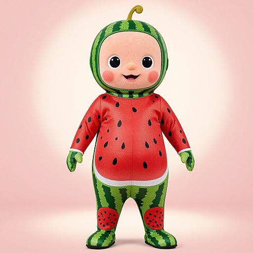 Photograph of a plush doll dressed as a watermelon with a green hood, red spotted outfit, and white trim, standing against a pink gradient background