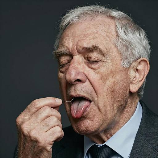 Elderly Man Catching Fly with Thread