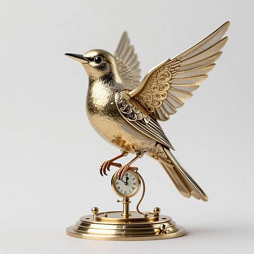 Gilded bird statue with detailed wings, perched on a gold clock base, against a white background, photograph.