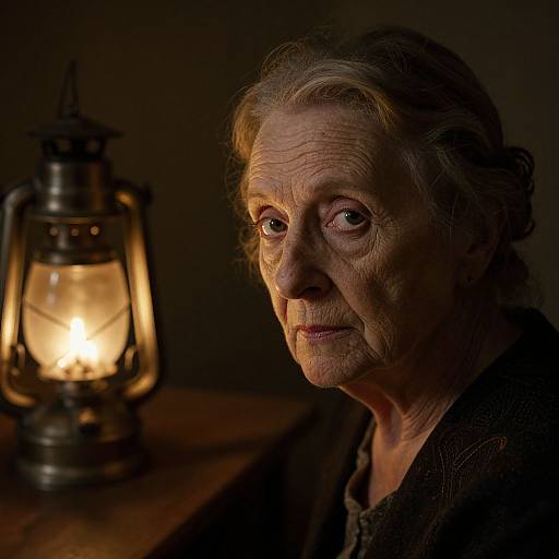 Photograph of an elderly woman with wrinkled skin and gray hair, illuminated by a warm, glowing lantern in a dimly lit room.