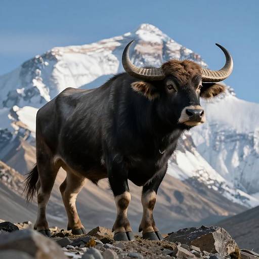 Photograph of a black yak with large curved horns standing on rocky terrain, with a snow-capped mountain peak in the background under a clear blue sky