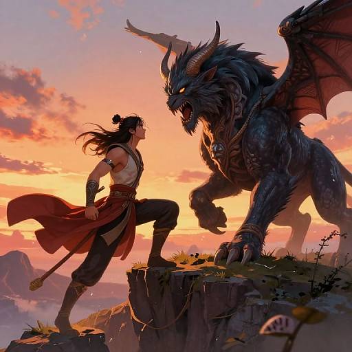 Digital fantasy artwork: Warrior with black hair and red cloak confronts fierce dragon at sunset on rocky cliff, dramatic orange and pink sky.