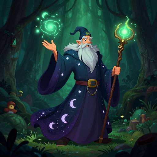 Digital illustration of a wizard with a white beard, blue starry robe, and black hat, conjuring green magic while holding a glowing staff in a