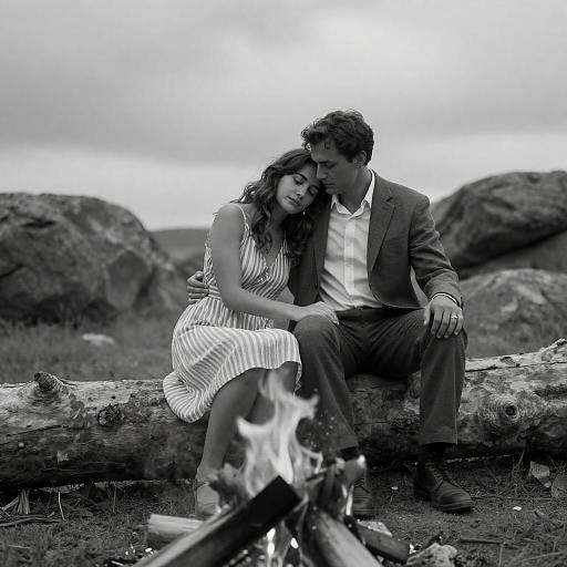Black-and-White Campfire Couple on Log