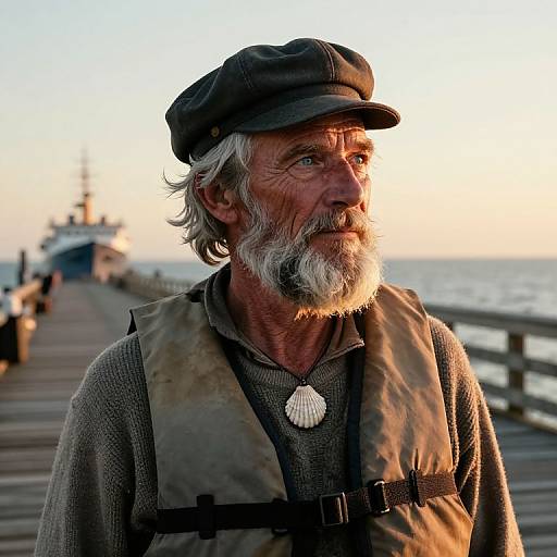 Experienced Sailor on Wooden Pier at Sunset