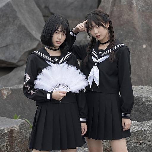 Stylish Duo in Sailor School Uniforms