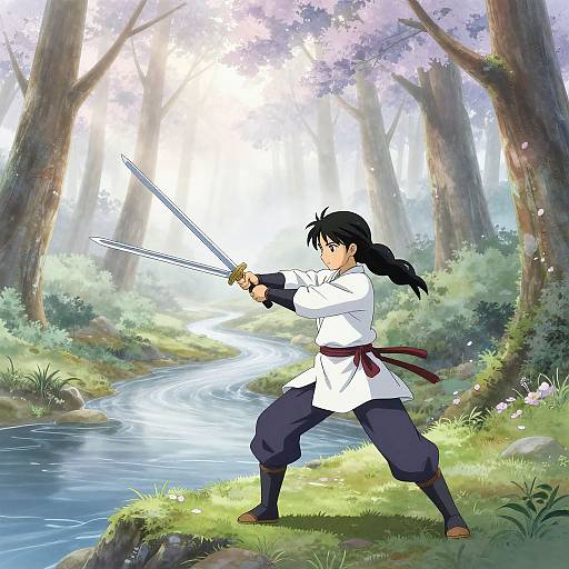 Anime-style drawing of a black-haired male warrior in white and blue attire, dual-wielding swords, standing in a sunlit forest clearing with a flowing