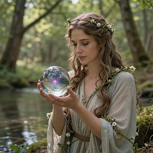 Photograph of a young woman with wavy brown hair, wearing a floral headband and light grey dress, holding a glowing crystal ball by a forest
