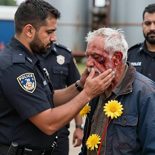 Police Officer Comforting Injured Elderly Man