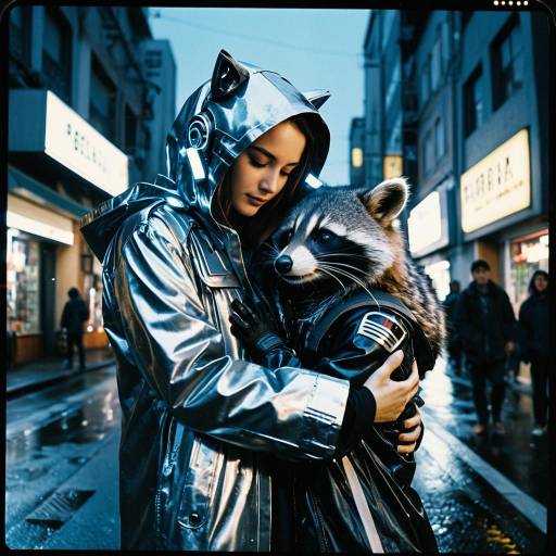 Android Mecha-Pilot Hugging Cybernetic Raccoon