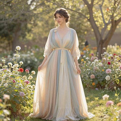Photograph of a fair-skinned woman with dark hair in an elegant, pastel-colored, V-neck gown, standing in a sunlit garden filled