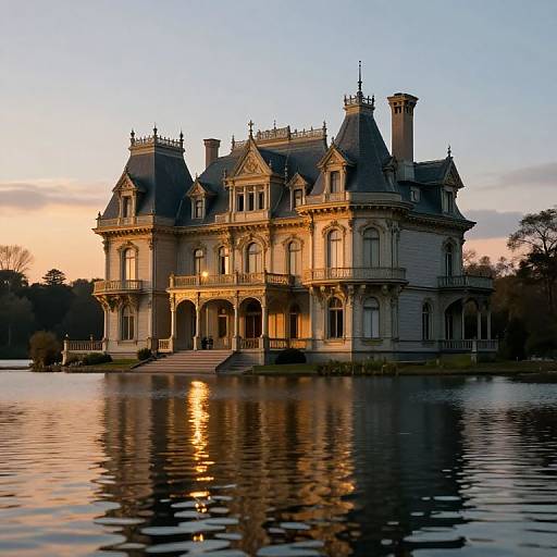 Photograph of an elegant, Victorian-style mansion with ornate details, reflected in a calm lake at sunset, casting warm golden light.