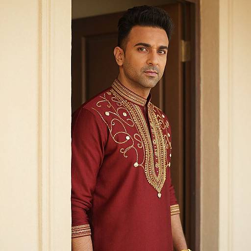 Photograph of a handsome, dark-haired Indian man with light brown skin, wearing a rich red kurta adorned with intricate gold embroidery, standing in a