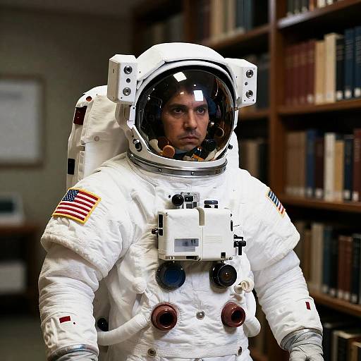 Astronaut in Library with Intense Gaze