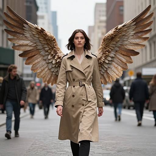 Photograph of a woman with large, brown, feathered angel wings, wearing a beige trench coat, walking down a busy city street with blurred pedestrians