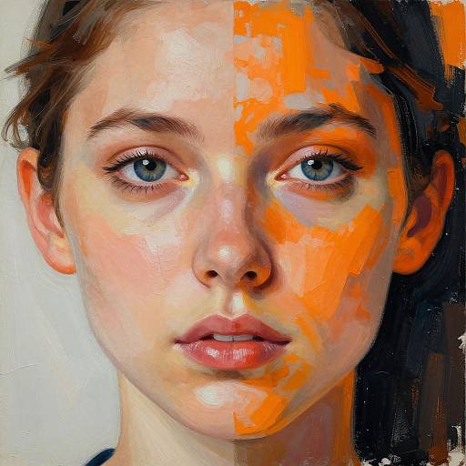 Digital painting of a young woman with blue eyes, fair skin, and brown hair, split diagonally with bright orange abstract patterns on her right side.