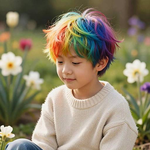 Rainbow Hair Boy in Serene Garden