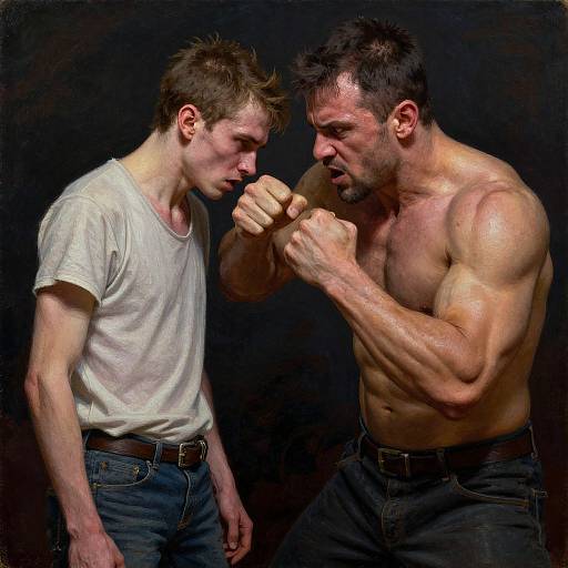 Photograph of a muscular, shirtless man punching a slender man in a white t-shirt against a dark background. The puncher's intense expression contrasts