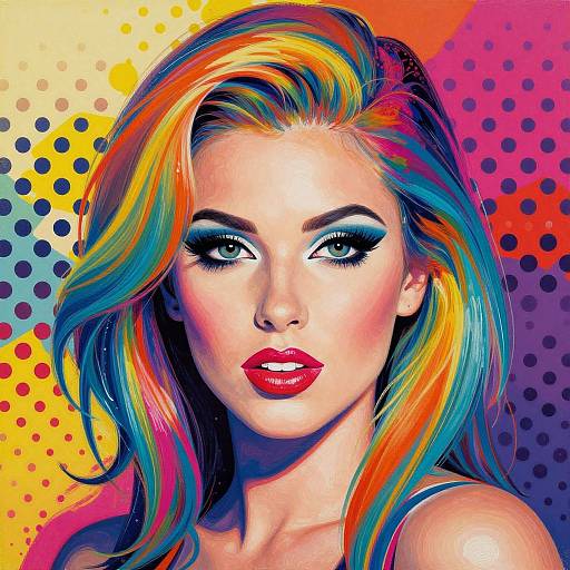 Digital pop art portrait of a white woman with vibrant rainbow hair, bold red lips, heavy eyeliner, and a colorful polka dot background.