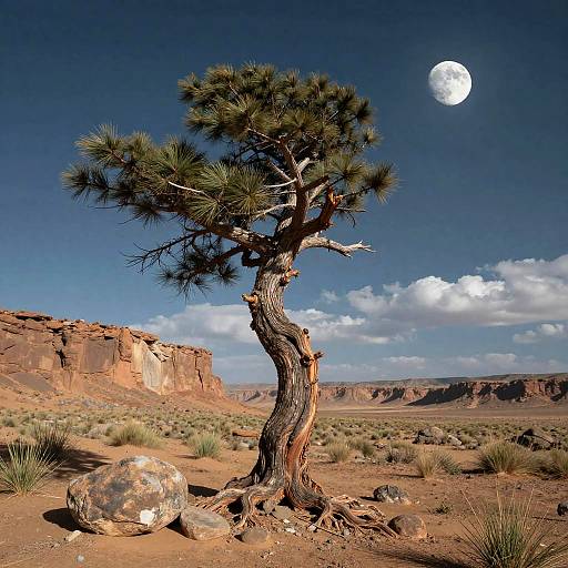 Moonlit Dead Pine on Martian Cliff