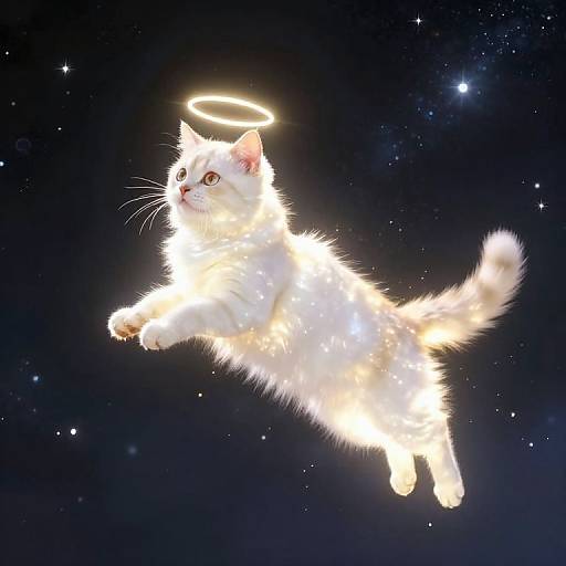 Photograph of a glowing white fluffy cat with a halo floating in a starry night sky, surrounded by sparkling lights.