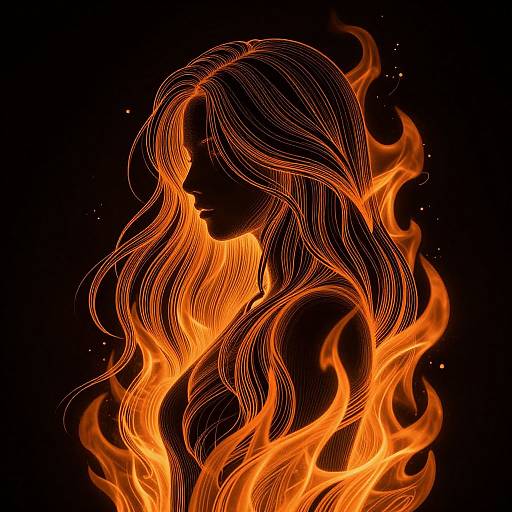 Digital illustration of a silhouetted woman with flowing, fiery orange hair against a black background, surrounded by vibrant flames.