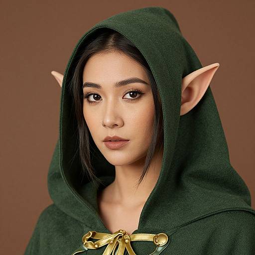 Digital portrait of a young Asian woman with elf ears, wearing a dark green hooded cloak with gold ties, against a brown background.