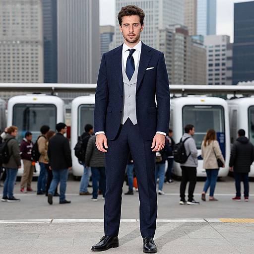 Photograph of a handsome man with short brown hair, beard, wearing a black suit, white vest, and tie, standing in front of a city