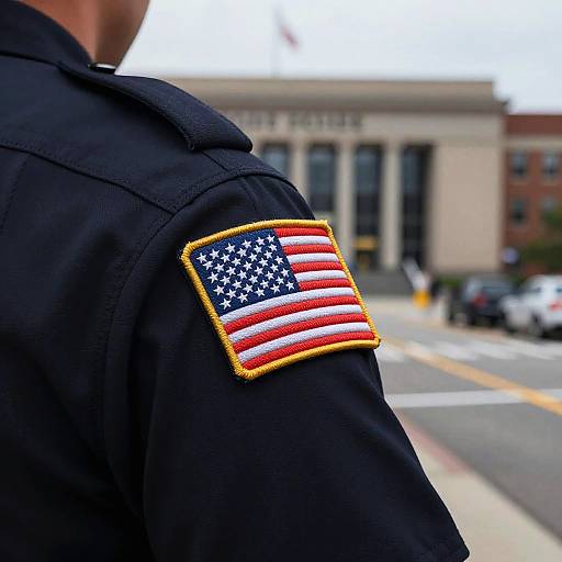 Photograph of a police officer's black uniform shoulder with an American flag patch, blurred street and building in the background.