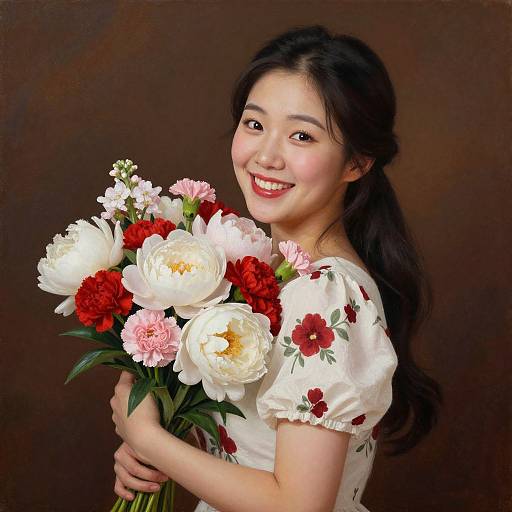 Photograph of a smiling Asian woman with long black hair, holding a bouquet of white, pink, and red flowers, wearing a white floral dress,
