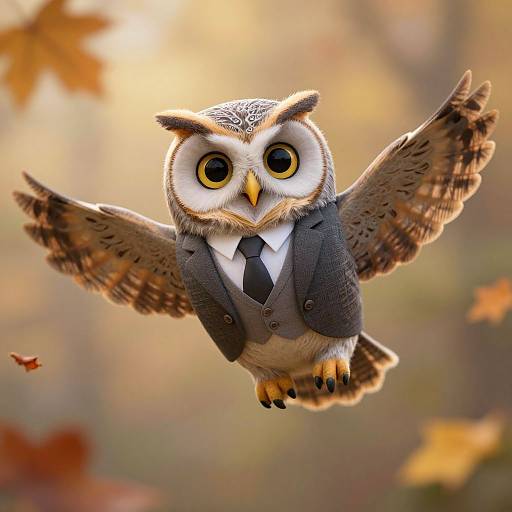 Photorealistic digital art of a cartoon owl in a gray suit and black tie, with large yellow eyes, flying with wings spread, against a blurred
